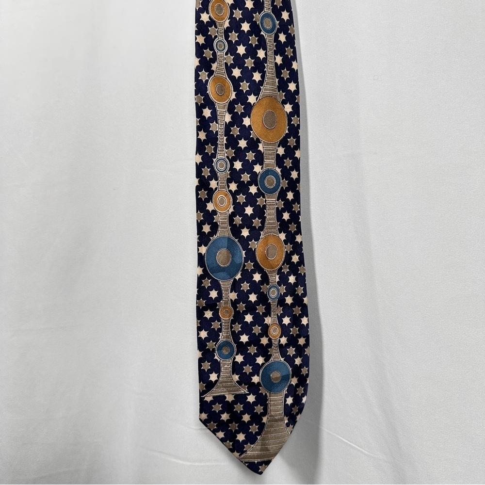 Vitaliano Luiselli Tie Hand Made Italy Medallion Star Silk Navy Gold OS